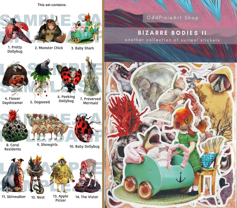 Pode incluir: Uma folha de autocolantes intitulada "BIZARRE BODIES II" da OddPixieArt Shop, com uma cole&ccedil;&atilde;o de autocolantes surreais. Os autocolantes incluem v&aacute;rias criaturas caprichosas, como um tubar&atilde;o beb&eacute;, uma sereia preservada e um pintainho monstro. O conjunto cont&eacute;m 14 designs &uacute;nicos.