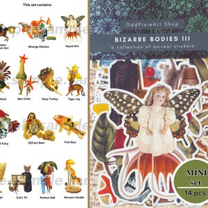 Pode incluir: Um conjunto de autocolantes surreais "BIZARRE BODIES III" da OddPixieArt Shop. O conjunto inclui 14 mini autocolantes com ilustra&ccedil;&otilde;es fantasiosas, como uma menina com asas de borboleta, uma tartaruga erva e um autocarro peixe. O texto "This set contains" tamb&eacute;m &eacute; vis&iacute;vel.