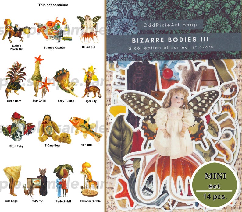 Pode incluir: Um conjunto de autocolantes surreais "BIZARRE BODIES III" da OddPixieArt Shop. O conjunto inclui 14 mini autocolantes com ilustra&ccedil;&otilde;es fantasiosas, como uma menina com asas de borboleta, uma tartaruga erva e um autocarro peixe. O texto "This set contains" tamb&eacute;m &eacute; vis&iacute;vel.