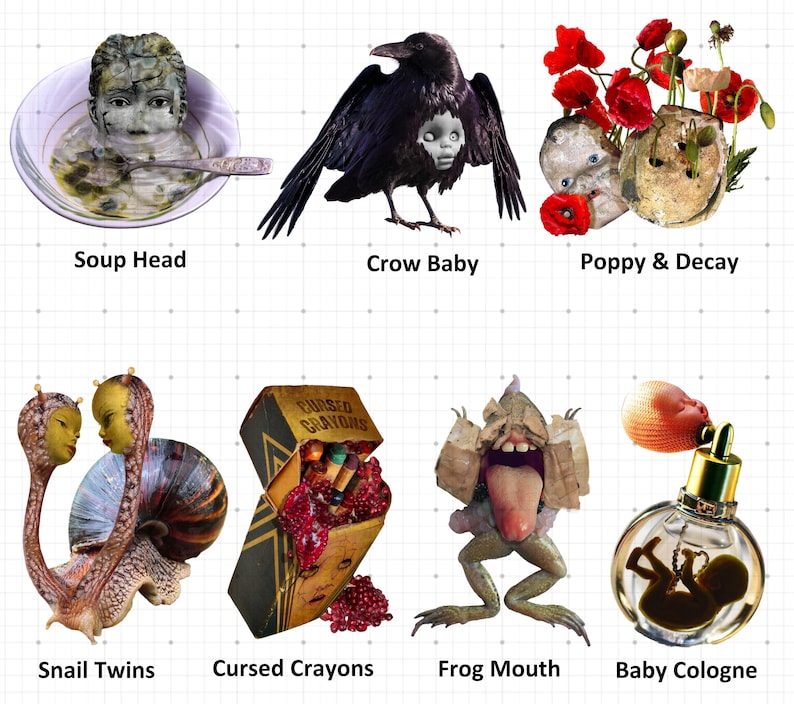 Pode incluir: Uma colagem de obras de arte surreais, incluindo uma cabe&ccedil;a de beb&eacute; em sopa, um corvo com rosto de boneca e um frasco de perfume com um beb&eacute; dentro. Outros itens incluem uma caixa de l&aacute;pis de cor e uma criatura semelhante a um sapo.