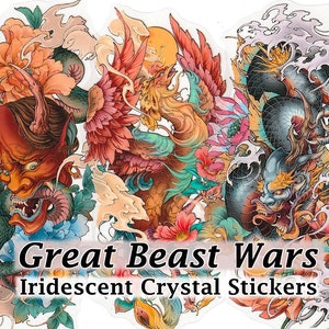 Stickers Grandes bêtes mythiques transparents découpés avec des détails irisés Sticker DIY déco Scrapbook Journal japonais chinois Oni Dragon Phoenix tatouage