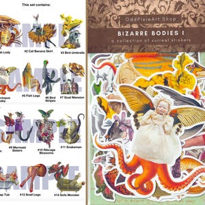 Pode incluir: Um conjunto de autocolantes surreais "BIZARRE BODIES I" da OddPixieArt Shop. O conjunto inclui 14 designs &uacute;nicos, com criaturas caprichosas e imaginativas como Crab Lady, Cat Banana Skirt e Octopus Baby. Os autocolantes s&atilde;o coloridos e detalhados.