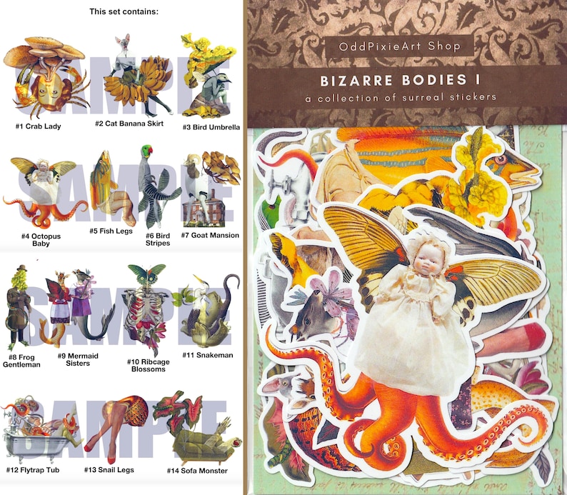 Pode incluir: Um conjunto de autocolantes surreais "BIZARRE BODIES I" da OddPixieArt Shop. O conjunto inclui 14 designs &uacute;nicos, com criaturas caprichosas e imaginativas como Crab Lady, Cat Banana Skirt e Octopus Baby. Os autocolantes s&atilde;o coloridos e detalhados.