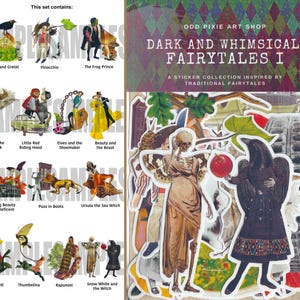 Pode incluir: Uma folha de adesivos com ilustra&ccedil;&otilde;es de contos de fadas cl&aacute;ssicos, incluindo Hansel e Gretel, Pin&oacute;quio e o Pr&iacute;ncipe Sapo. A folha tamb&eacute;m apresenta imagens de Jo&atilde;o e o P&eacute; de Feij&atilde;o e outros. O texto "DARK AND WHIMSICAL FAIRYTALES I" &eacute; vis&iacute;vel.