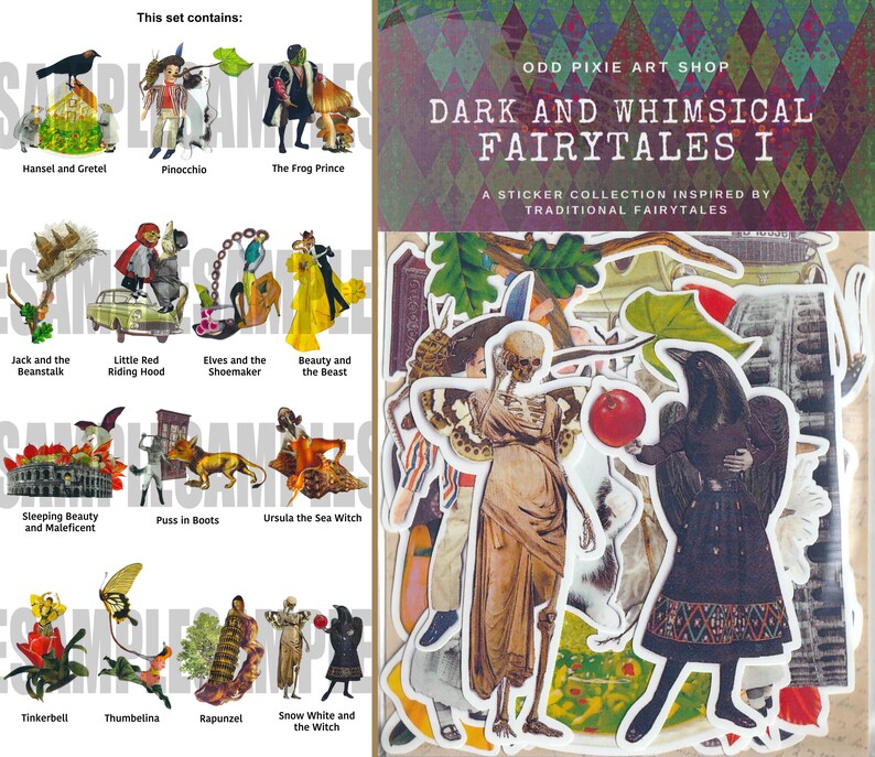 Pode incluir: Uma folha de adesivos com ilustra&ccedil;&otilde;es de contos de fadas cl&aacute;ssicos, incluindo Hansel e Gretel, Pin&oacute;quio e o Pr&iacute;ncipe Sapo. A folha tamb&eacute;m apresenta imagens de Jo&atilde;o e o P&eacute; de Feij&atilde;o e outros. O texto "DARK AND WHIMSICAL FAIRYTALES I" &eacute; vis&iacute;vel.