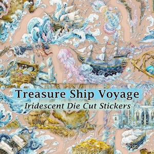 Könnte beinhalten: Irideszierende Stanzaufkleber mit dem Thema "Treasure Ship Voyage". Das Design zeigt Illustrationen von Segelschiffen, Schatztruhen, Meereskreaturen und architektonischen Elementen, alles in einer Pastellfarbpalette mit blauen und goldenen Akzenten.