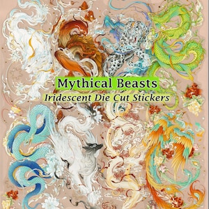 Bêtes mythiques autocollants feuille d'or transparent découpé bricolage sticker déco scrapbooking journal japonais chinois dragon phoenix jaguar serpent lion loup