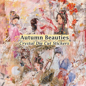 Adesivi di bellezza autunnale trasparenti fustellati e nastrati fai da te decalcomanie album di ritagli di giornale arte tradizionale cinese asiatica pittura belle ragazze donne