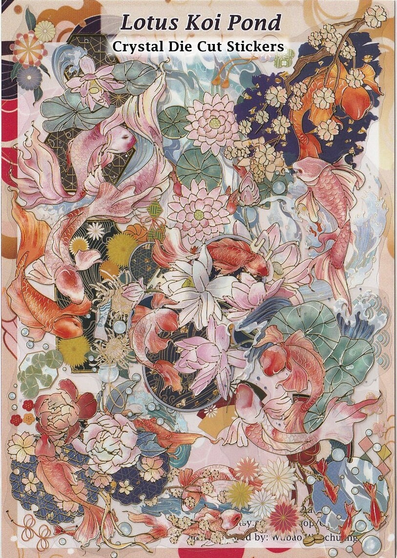 Koi & Lotus Stickers Clear Die-Cut Gold Detail DIY Decal Deco Scrapbook Journal Pond Flowers Ancient Japanese Traditional Art
