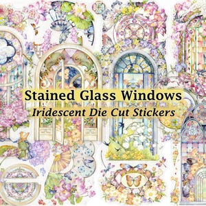 Puede incluir: Una colección de pegatinas troqueladas iridiscentes con diseños de vidrieras. Las pegatinas muestran arreglos florales coloridos, mariposas y detalles arquitectónicos en tonos rosa, azul y amarillo. El texto en las pegatinas dice "Stained Glass Windows" y "Iridescent Die Cut Stickers."