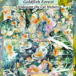 Surreal Goldfish Forest Stickers Iridescent Crystal Clear Die Cut Abstract Background for DIY Decal Deco Scrapbook Journal Cute Flowers Rain