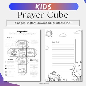 May include: Black and white printable PDF download for a kids prayer cube. The first page shows instructions on how to make the cube and includes a diagram of the cube with different prayer prompts on each side. The second page is a blank prayer page with a sun, clouds, and two sheep.