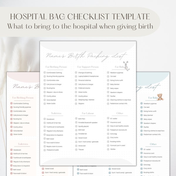 Birth Packing List Printable Digital Hospital Bag Checklist Fillable Editable Canva Template Labor Delivery Checklist Pregnancy List