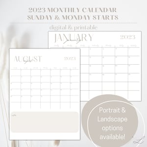 2023 Calendar Printable Landscape Calendar 2023 Vertical Monthly Calendar Sunday Monday Start Minimalist Calendar Template Canva Calendar