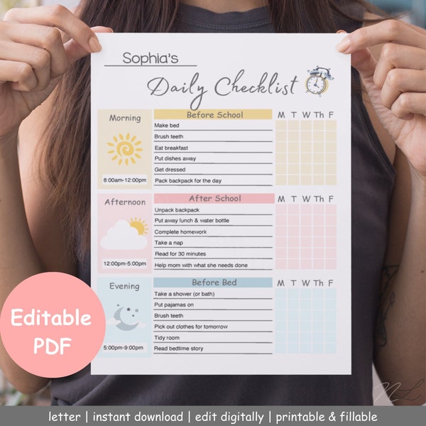 Kids Daily Checklist Kids Editable PDF Weekly Checklist Chore Chart For Kids Daily Schedule For Kids Weekly Routine School Routine