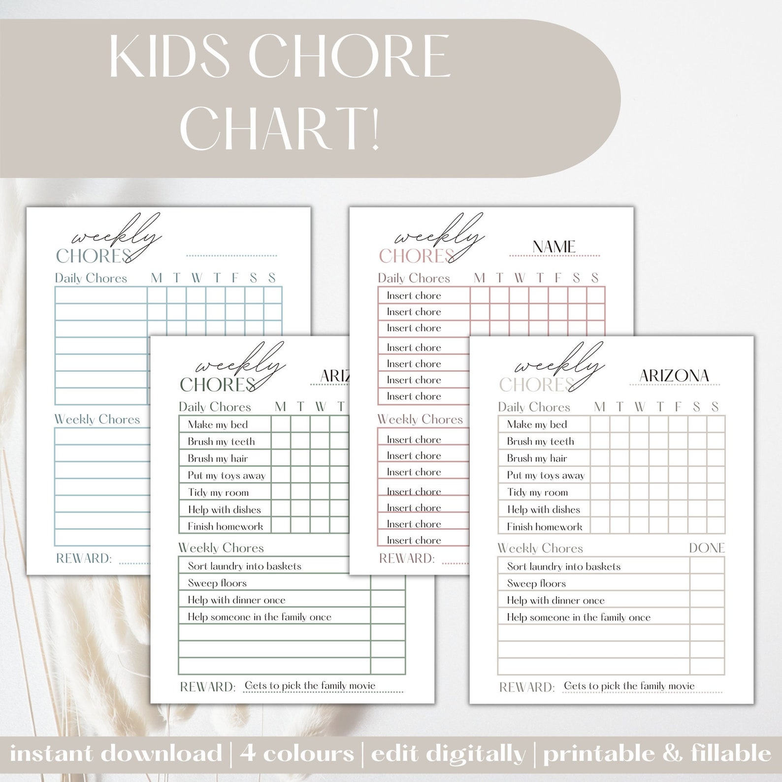 Chore Chart for Kids Printable Kids Chore List Kids Chore Chart ...
