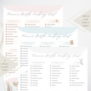 Birth Packing List Printable Digital Hospital Bag Checklist Fillable Editable Canva Template ...