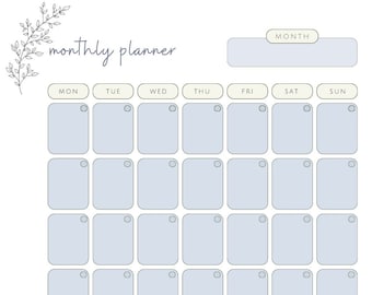May include: A printable monthly planner with a light blue background and a simple floral design. The planner includes sections for "Month", "Top Priorities", and "Notes".