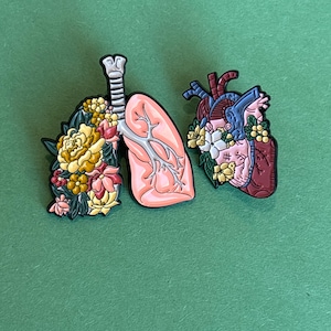 May include: Three anatomical-themed decorative pins: a pair of lungs, a heart, and a single lung. The lungs are peach-colored with floral accents in yellow, pink, and green. The heart is burgundy and blue with white flowers.