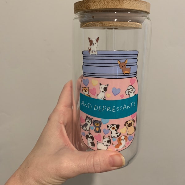 16oz glass cup| handmade with glass straw and bamboo lid | cute gift | beer can iced coffee cup | Antidepressant puppies
