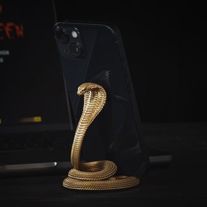 Cobra Phone Stand In Brass With Gemstone Eyes. Unique Phone Holder. Desk Decor. Animal Lover Gift. Gift For Her/Him.