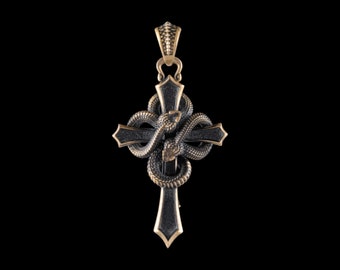 Brass Double Snake Cross Pendant. Snake Necklace. Coppertist.wu. Gothic Jewelry. Antique Brass Pendant. Gift for him/her.