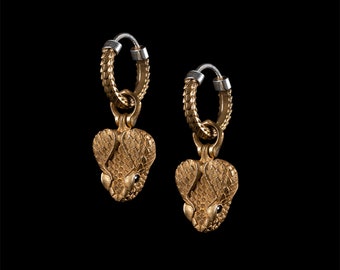 Rattlesnake Head Earrings In Brass With Gemstone Eyes. Snake Earrings. Animal Lover Gift. Gift's For Him/Her