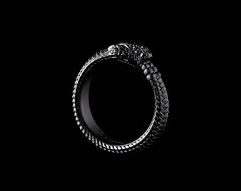 Ouroboros Ring In Matte Black With Gemstone Eyes. Snake Ring. Animal Lover Gift. Gift For Him. Silver ring. Handmade Gift.