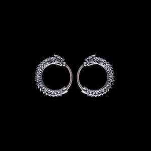 Ouroboros Earrings In Silver With Gemstone Eyes. Coppertist.wu. Snake Earrings. Snake hoops. Animal Lover Gift. image 1