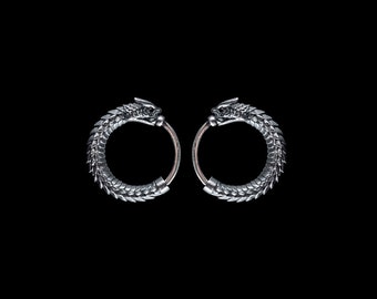 Ouroboros Earrings In Silver With Gemstone Eyes. Coppertist.wu. Snake Earrings. Snake hoops. Animal Lover Gift.