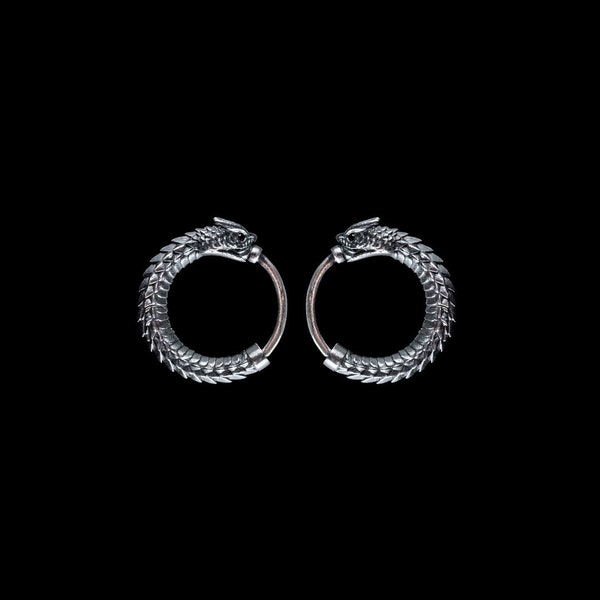 Ouroboros Earrings In Silver With Gemstone Eyes. Coppertist.wu. Snake Earrings. Snake hoops. Animal Lover Gift.