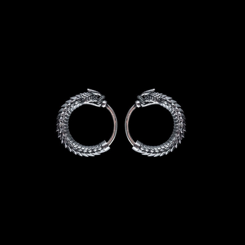 Ouroboros Earrings In Silver With Gemstone Eyes. Coppertist.wu. Snake Earrings. Snake hoops. Animal Lover Gift. image 1