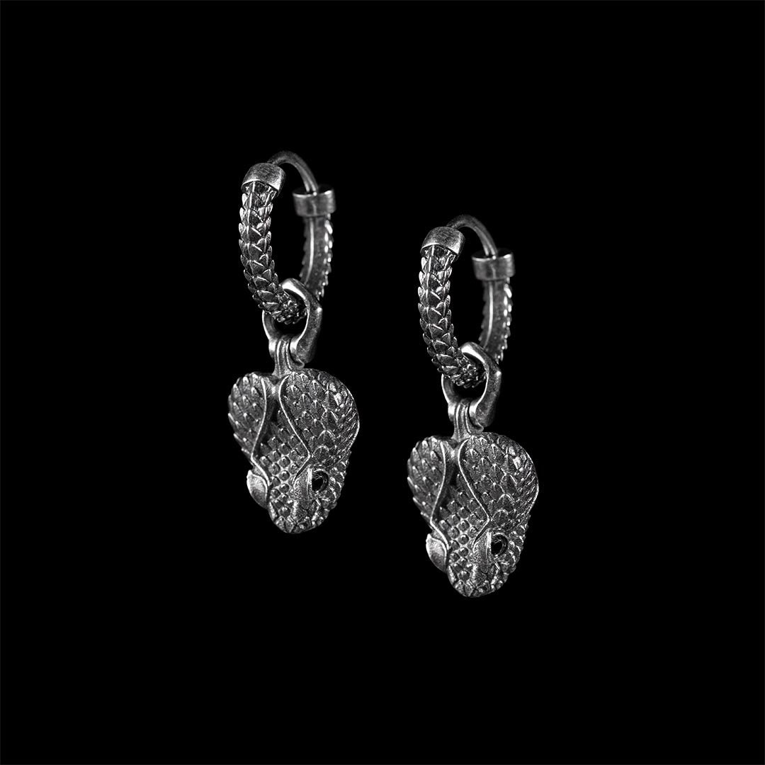 Rattlesnake Head Earrings in Silver With Gemstone Eyes. Snake Earrings
