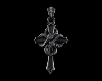 Black Double Snake Cross Necklace. Snake Necklace. Gothic Jewelry. Cross Pendant. Gift for him. Coppertist.wu.