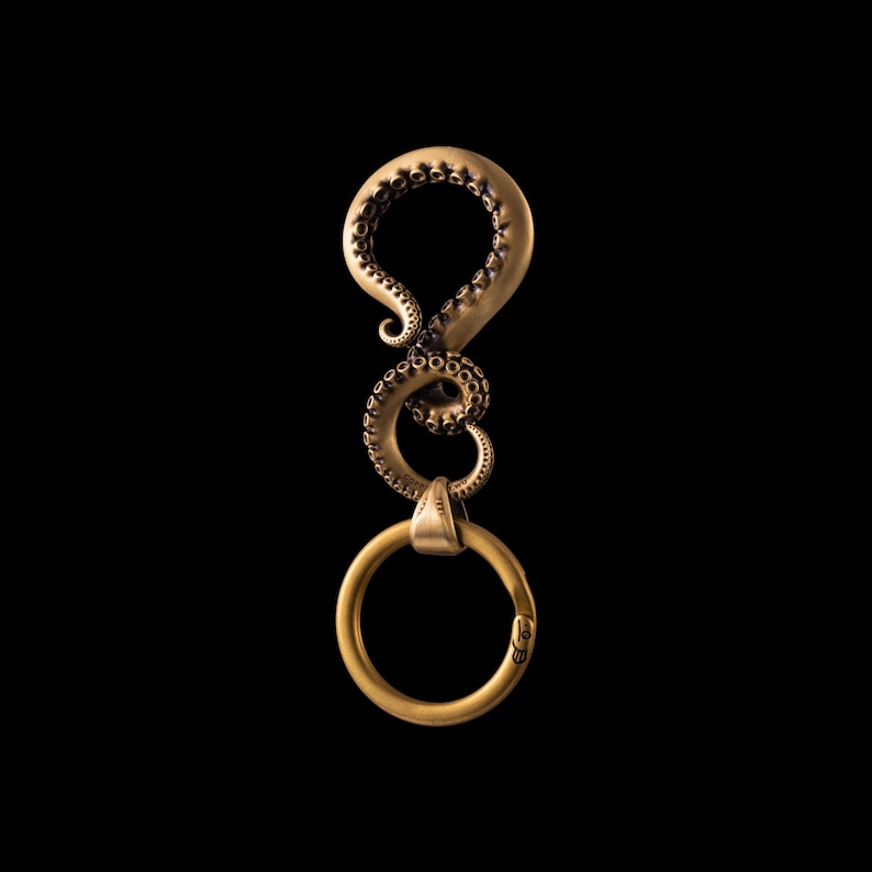 Brass Octopus Tentacle Keychain. Design Keychain. Novelty Gadget. Ocean Lover Gift. Cthulhu Brass keyring. Nautical jewelry. image 1