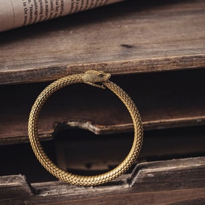 Ouroboros Bracelet In Brass With Gemstone Eyes. Coppertist.wu. Gifts For Him. Serpent Bracelet. Animal Lover Gift.