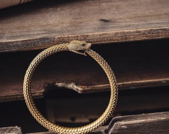 Ouroboros Bracelet In Brass With Gemstone Eyes. Coppertist.wu. Gifts For Him. Serpent Bracelet. Animal Lover Gift.