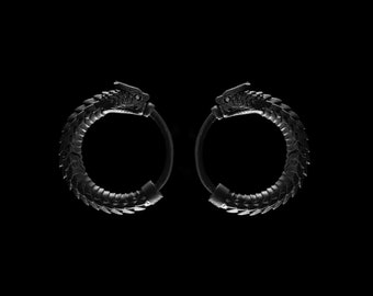 Ouroboros Earrings In Matte Black With Gemstone Eyes. Snake hoops. Gothic earrings. Animal Lover Gift. Gift For Her/Him.
