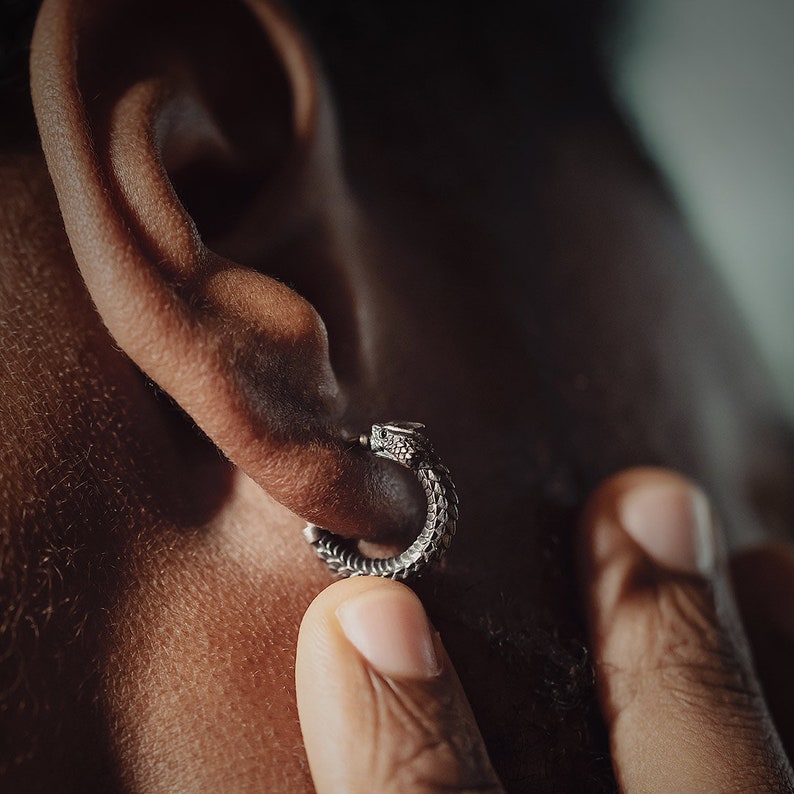 Ouroboros Earrings In Silver With Gemstone Eyes. Coppertist.wu. Snake Earrings. Snake hoops. Animal Lover Gift. image 2