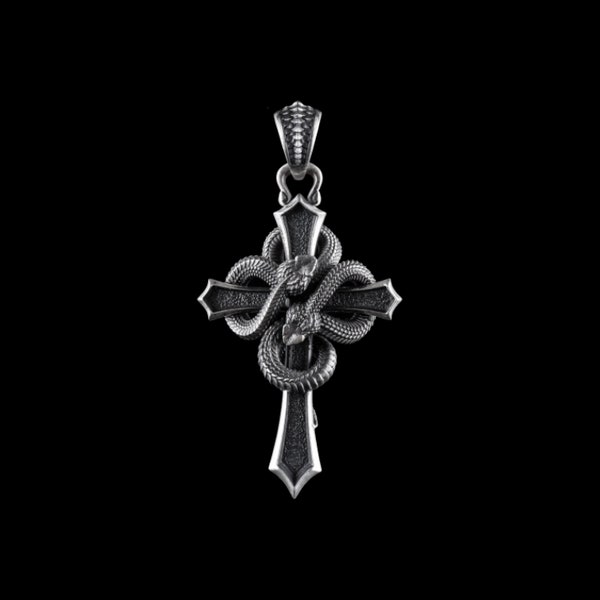 Silver Double Snake Cross Pendant. Snake Necklace. Gothic Jewelry. Antique Silver Pendant. Steampunk. Gift for him/her.