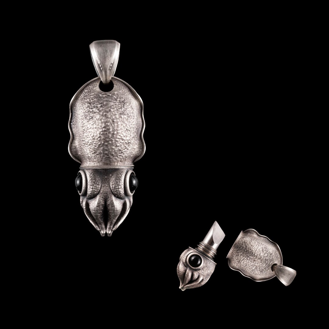 Silver Cuttlefish Box Opener Pendant With Black Agate Eyes.Silver Pendant.Titanium EDC Pocket Knife.Gift For Him.Christmas Gift