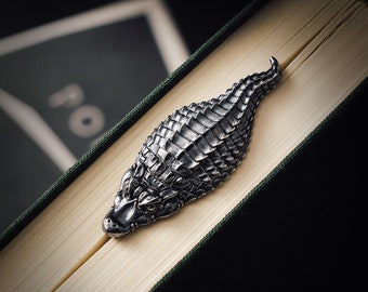 Oxidized Silver Crocodile Bookmark. 3D Bookmark. Personality Bookmark. Gothic Bookmark. Animal Lover Gift. Booklover Gift.