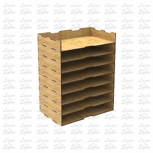 May include: A wooden file organizer with eight shelves. The organizer is made of light brown wood and has a simple design.