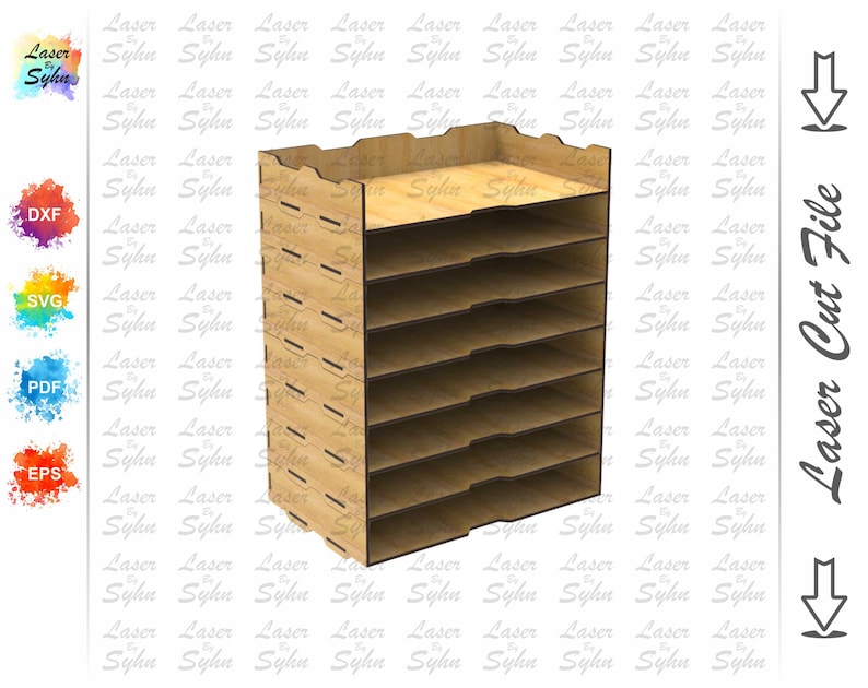 May include: A wooden file organizer with eight shelves. The organizer is made of light brown wood and has a simple design.