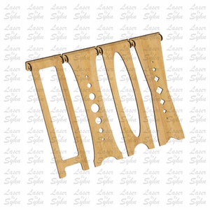 May include: A laser cut file design for a wooden shelf unit. The design includes four pieces, each with different shapes and cutouts. The design is suitable for use with a laser cutter.