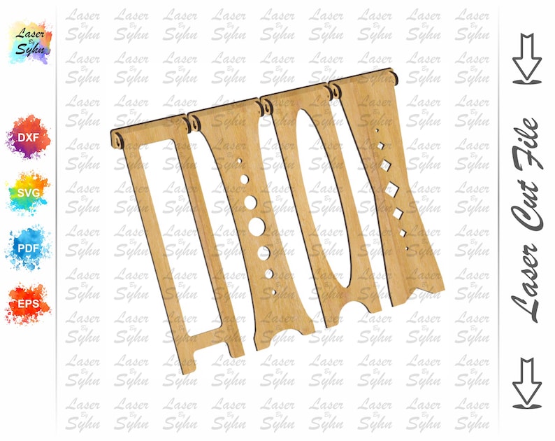 May include: A laser cut file design for a wooden shelf unit. The design includes four pieces, each with different shapes and cutouts. The design is suitable for use with a laser cutter.