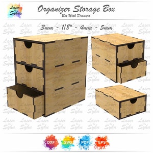 Puede incluir: Cajas organizadoras de almacenamiento de madera con cajones. Las cajas son de madera marrón claro y tienen un acabado natural. La imagen muestra varias cajas, incluyendo una alta con tres cajones y cajas más pequeñas con uno o dos cajones. El texto "Organizer Storage Box" es visible.