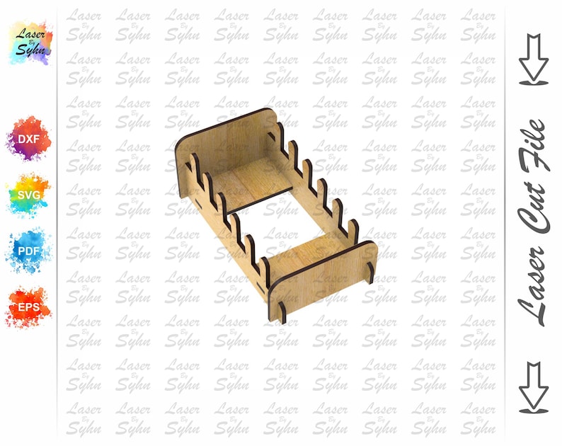 May include: A wooden laser-cut file holder with a rectangular base and multiple vertical slots. The holder is made of light brown wood and features a decorative design. The text "Laser Cut File" is visible on the right side of the image.