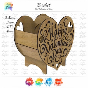 Panier cadeau découpé au laser pour la Saint-Valentin SVG, panier de fleurs spécial pour la Saint-Valentin SVG, panier de chocolats spécial pour la Saint-Valentin