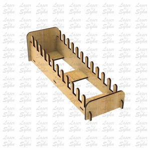 May include: A laser-cut wooden organizer with multiple slots and a rectangular base. The design includes a series of evenly spaced, curved dividers. The text "Laser Cut File" is visible on the right side of the image.